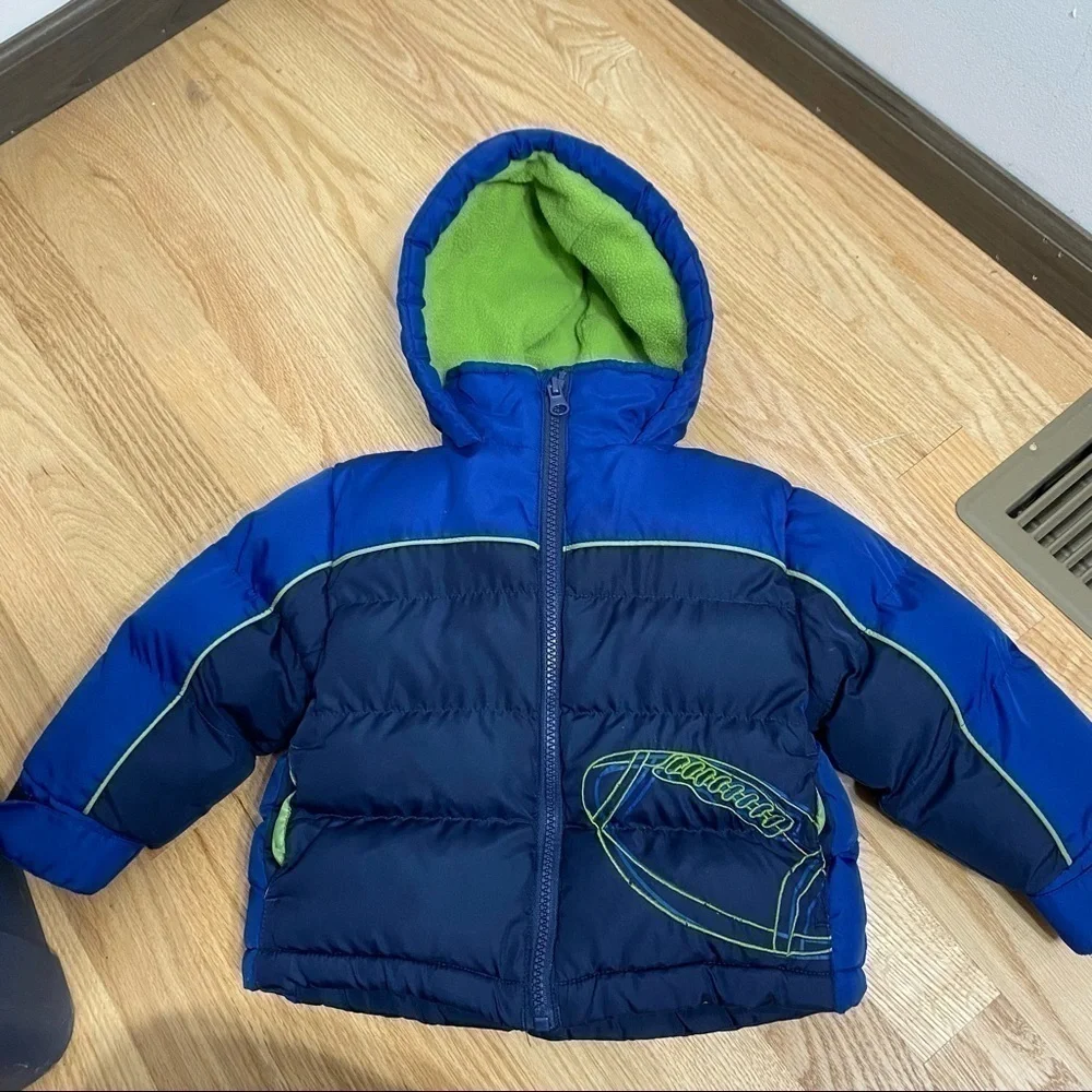 Carter’s Puffer Jacket Blue Green Football Sz 18 Months Full Zip Hooded
